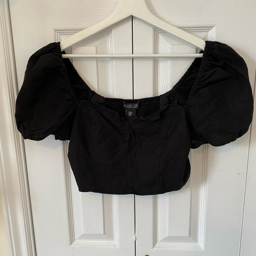 Rachel Zoe Black Linen Blend Puff Sleeve Cropped Top smocked elastic back Med